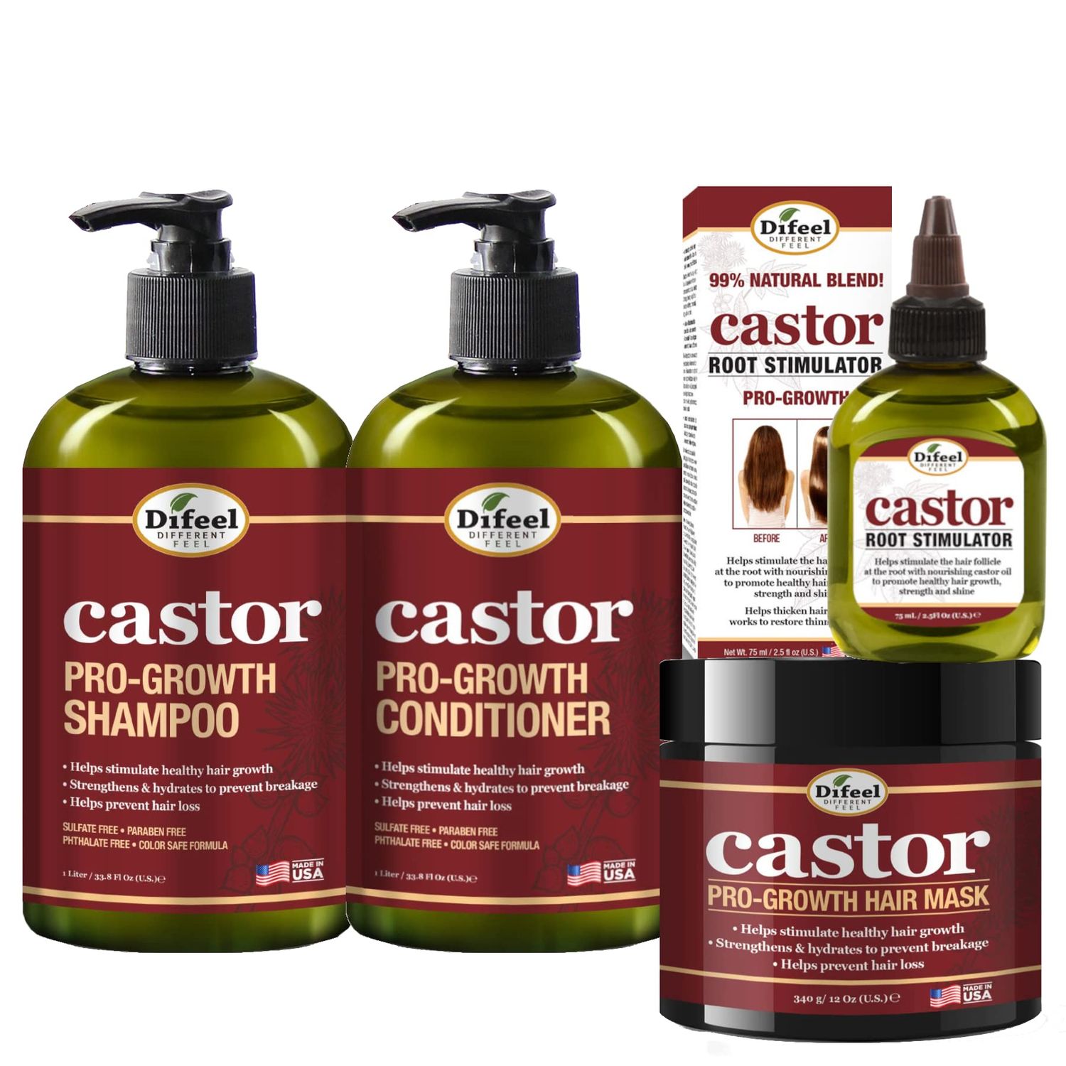 Difeel 4-PC Castor Pro-Growth Hair Growth: Cleansing Growth Set - Includes 12 oz Shampoo, 12oz Conditioner, 12oz Hair Mask 2.5oz Root Stimulator