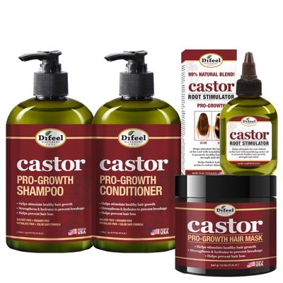 Difeel 4-PC Castor Pro-Growth Hair Growth: Cleansing Growth Set - Includes 12 oz Shampoo, 12oz Conditioner, 12oz Hair Mask 2.5oz Root Stimulator