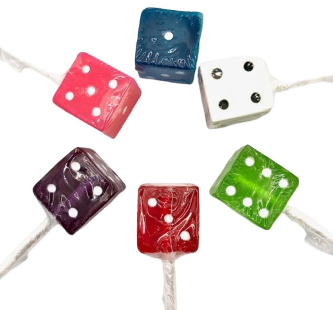 6 Pack Assorted Dice Suckers. 1-14 Inch Gourmet Dice Lollipops. Assorted Dice Lollipop Candy, Individually Wrapped for Casino or Bunco Themed Parties. Great for Bunco Supplies and Casino Weddings.