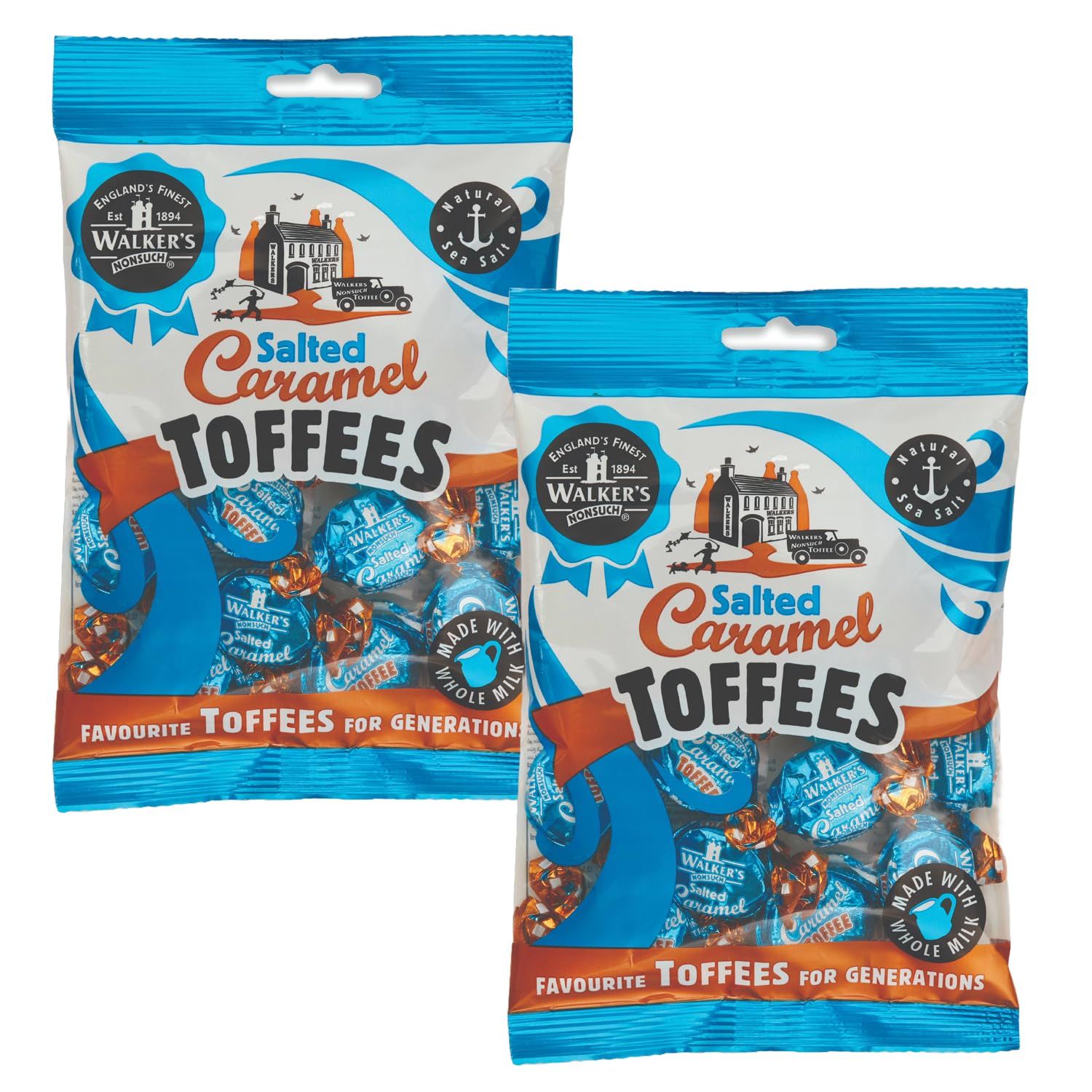 Walkers&#39; Nonsuch Salted Caramel Toffees Traditional British Candy with Butter Whole Milk Sweet Salty Treat Individually Twist Wrapped Delicious Chewy Toffee 5.29 Oz (Pack of 2)