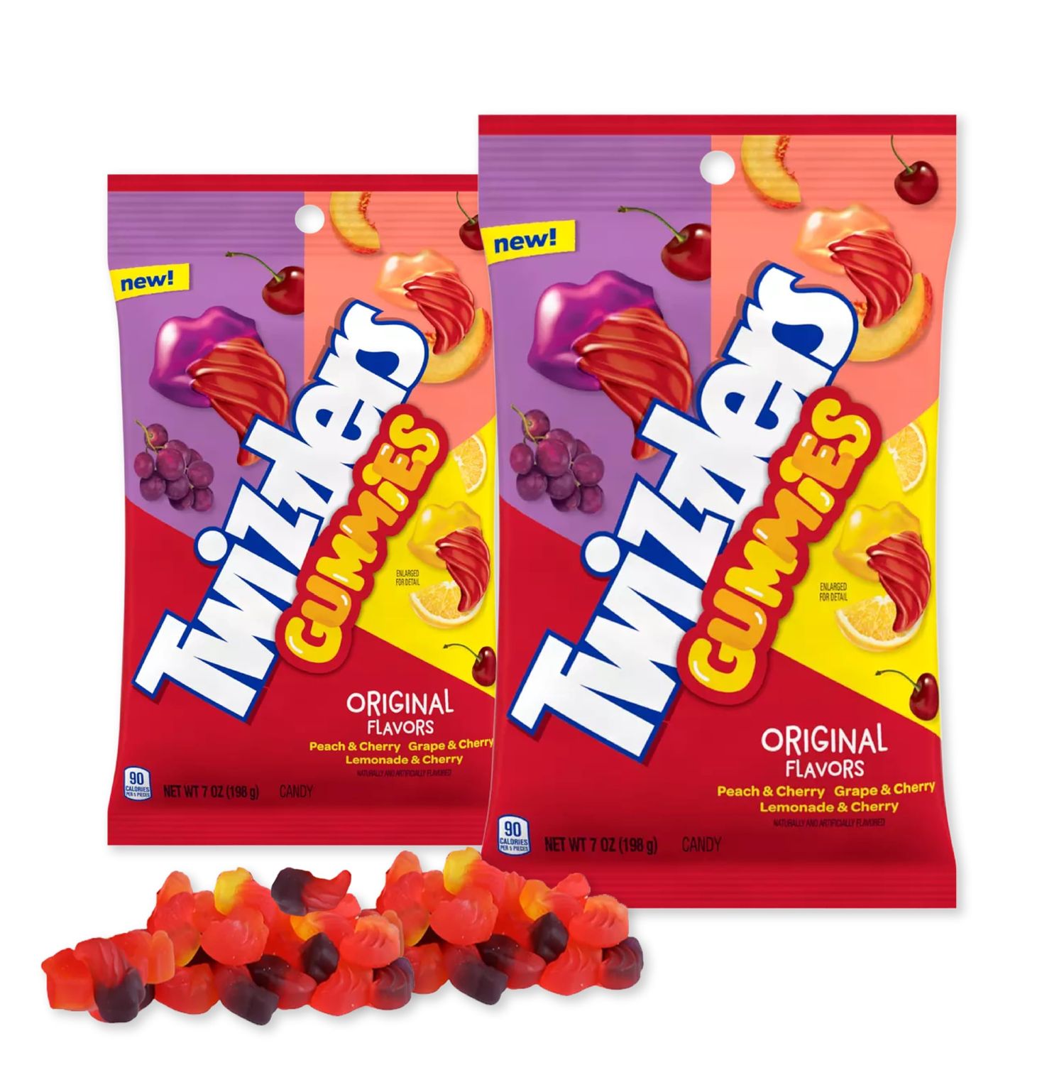 PV Gummies Original - 5 oz Peg Bag - Pack of 2 - Soft Chewy Fruit Candy - Peach Cherry, Grape Cherry, Lemonade Cherry Flavors