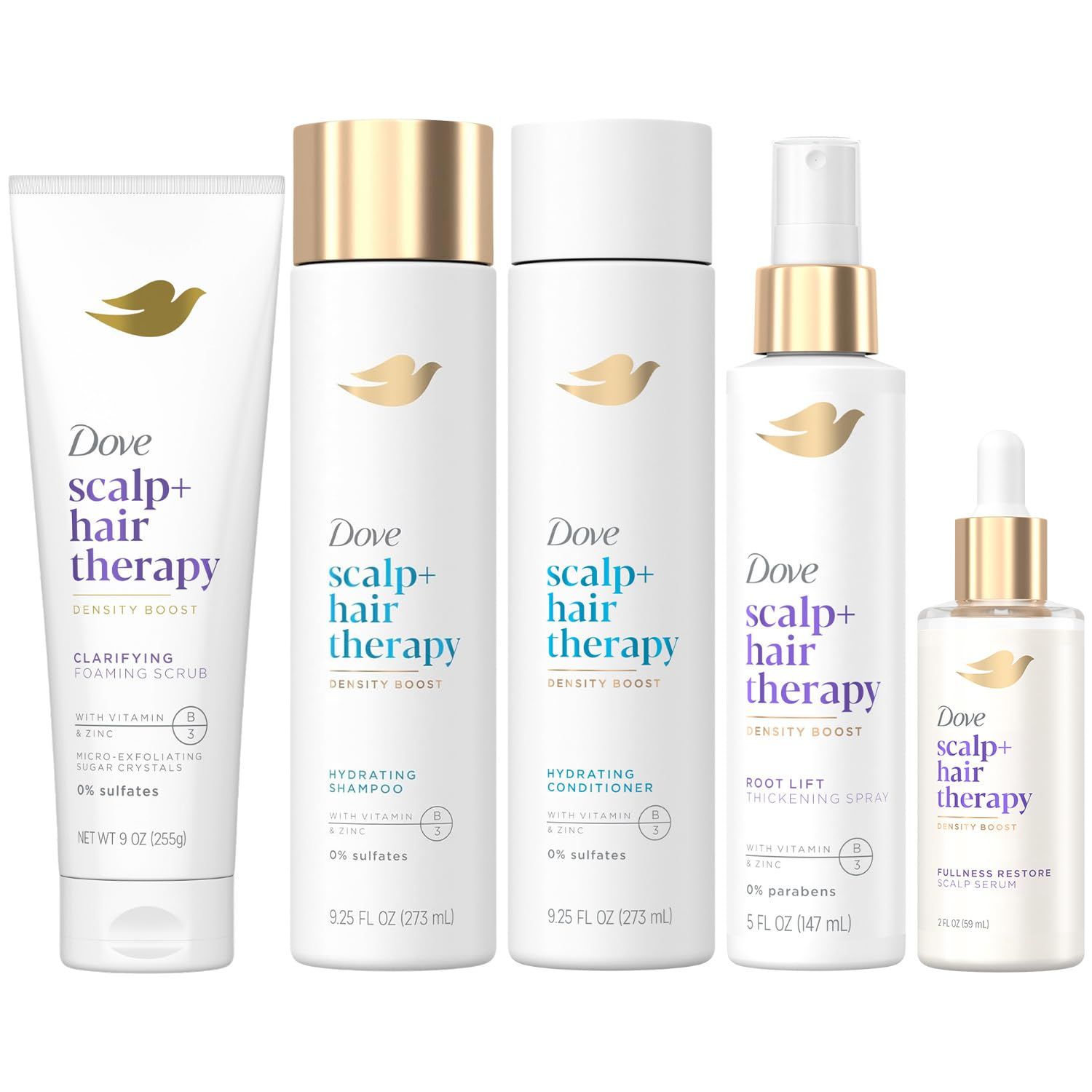 Dove Scalp Hair Therapy Bundle - Clarifying Foaming Scrub, Hydrating Shampoo Conditioner, Root Lift Thickening Spray Fullness Restore Scalp Serum (5 Piece Set)