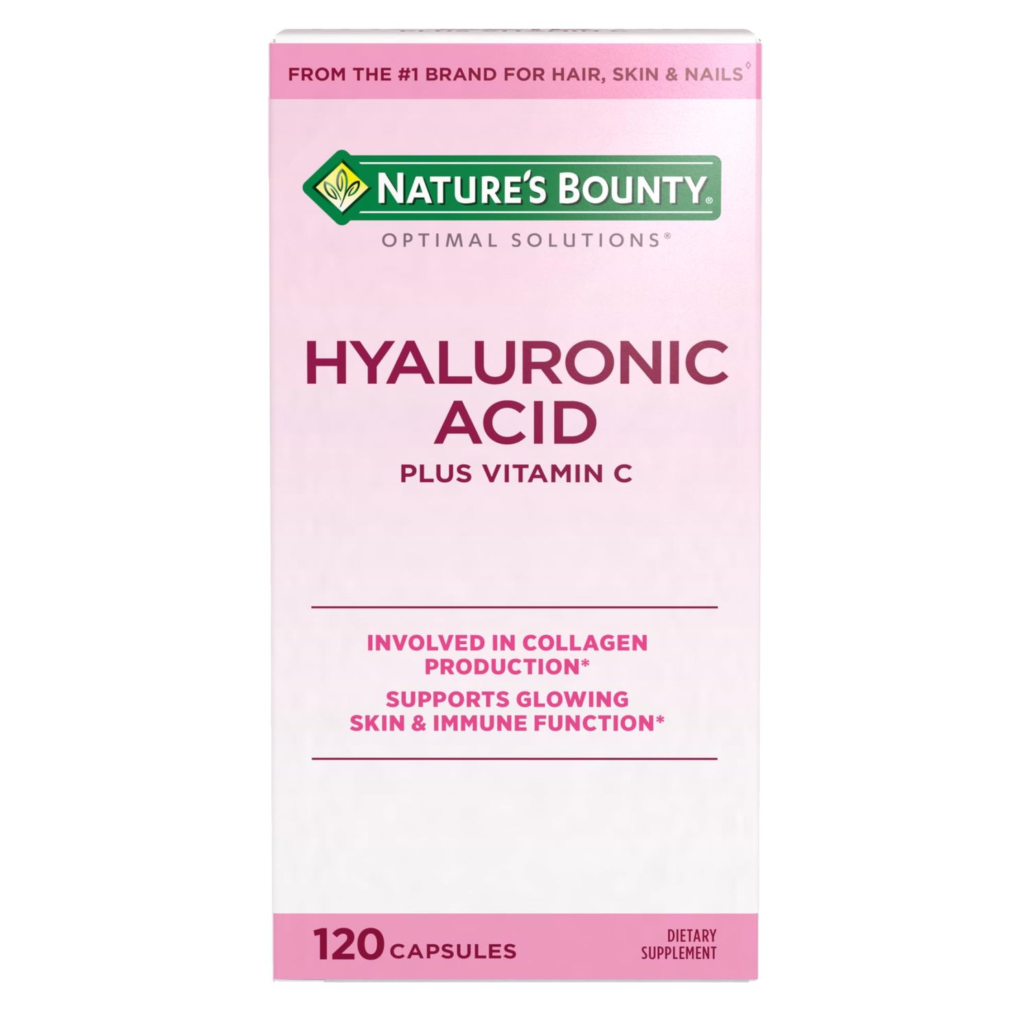 Nature&#39;s Bounty Vitamin C and Hyaluronic Acid Supplement, Supports Glowing Skin, Immune Function Collagen Production, 120 Capsules - 60 Day Supply, Optimal Solutions Supplements for Skin Health