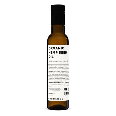 Erbology Organic Hemp Seed Oil 8.5 fl oz - Cold-Pressed - Rich in Omega-3 - Source of Vitamin D - Straight from Farm - Non-GMO - No Additives or Preservatives - Recyclable Glass Bottle