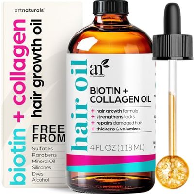 artnaturals Biotin Collagen Hair Oil 4.0oz - Growth Promoting Volumizing Formula - Reduce Hair Loss, Strengthens and Nourishes Hair - Controls Frizz Improves Manageability
