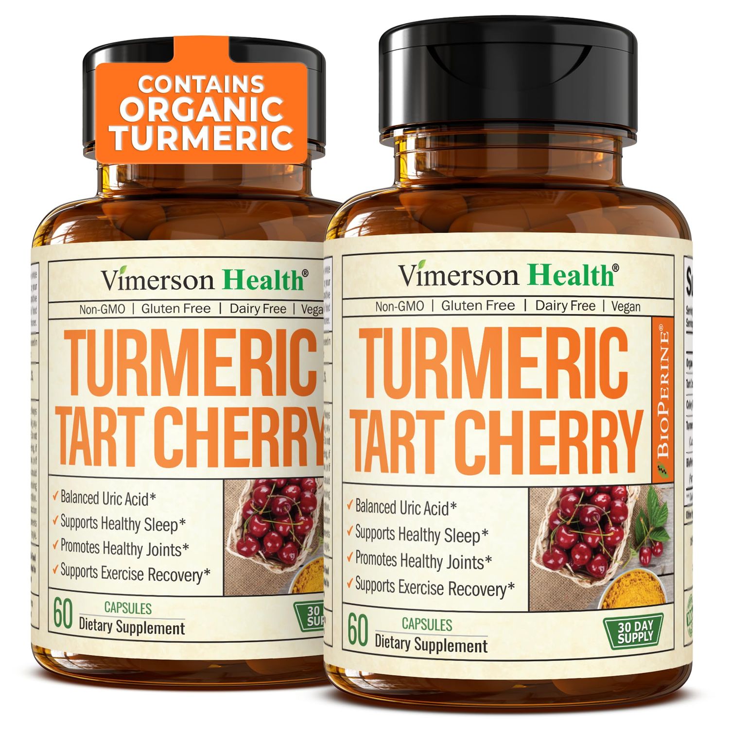 Turmeric Supplement with 10:1 Tart Cherry Extract, Turmeric Curcumin with Black Pepper Organic Tumeric. 600mg Tart Cherry Capsules. Aids Uric Acid Balance, Joint, Muscle, Sleep Support. 2 Pack