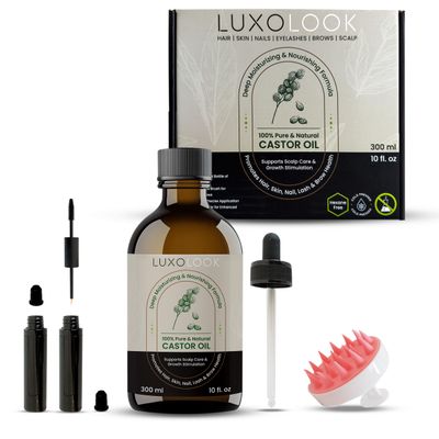 Pure Castor Oil - Cold Pressed 100 Castor Oil for Hair Growth, Skin, Eyebrows, Eye Lashes, Nails Cuticles - Hexane Free, Natural Unrefined - Includes Dual Mascara, Dropper Scalp Massager