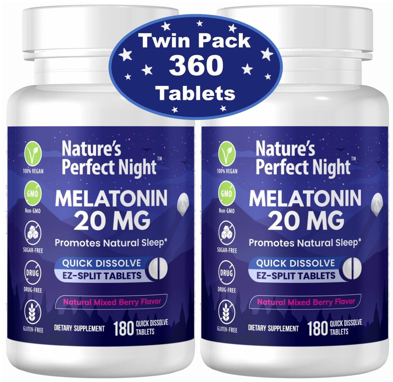 Nature&#39;s Perfect Night Melatonin 20mg 180 Quick Dissolve Tablets, 2-Pack Natural Mixed Berry Flavor High Potency Sugar Free Vegan Gluten Free 2 Count