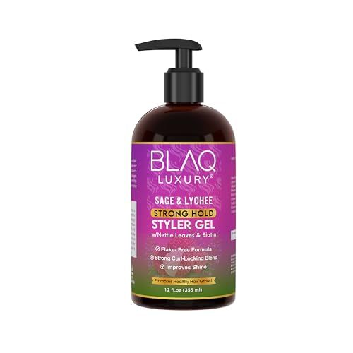 Blaq Luxury Sage Lychee Strong Hold Styler Gel - Non-Alcoholic and Non-Flaky Formula for All-Day Hold - Biotin Infused - Promotes Hair Repair, Growth, and Manageability - 12oz