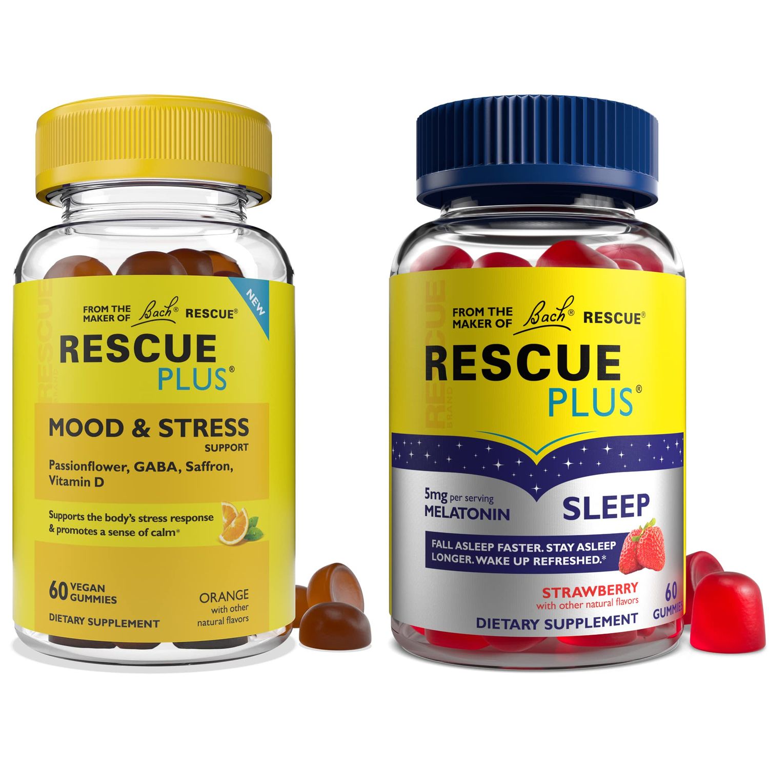 RESCUE Bach Plus Sleep Gummies with 5mg Melatonindose and Bach Plus Mood Stress Support Gummies with Key Nutrients and Botanicals - 2PK Dietary Supplements, 60Ct Each