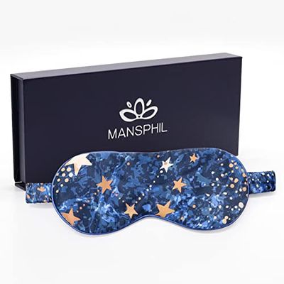MANSPHIL 100 Mulberry Silk Eye Mask for Sleeping, Blue Galaxy Printed Silk Filled Sleep Mask for Travel, Nap. Lightweight