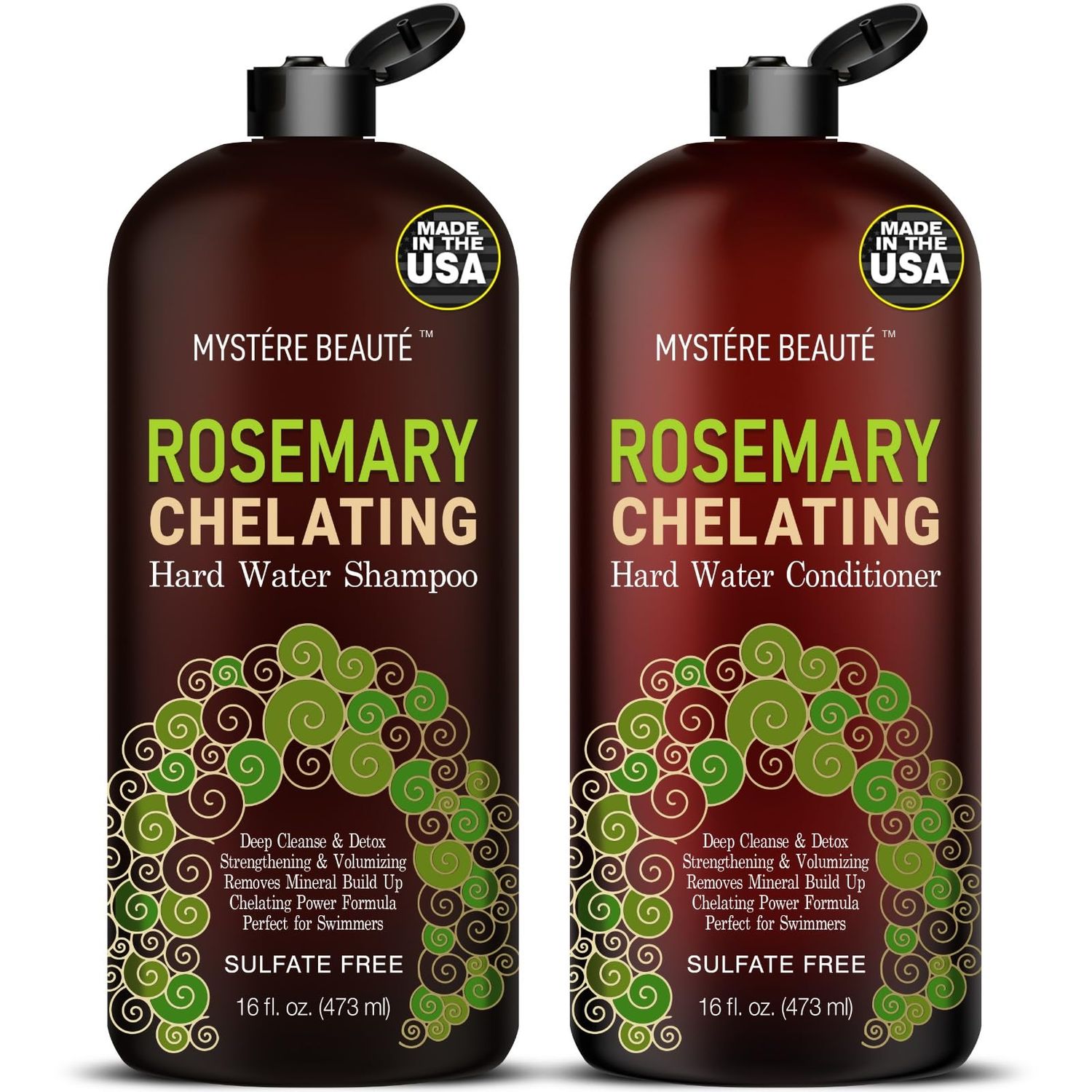 MYSTRE BEAUT Rosemary Chelating Shampoo and Conditioner Set - Sulfate Free Hard Water Hair Care with Biotin, Keratin Tea Tree - Clarifying Strengthening Duo for Hair Growth - 16 oz Each