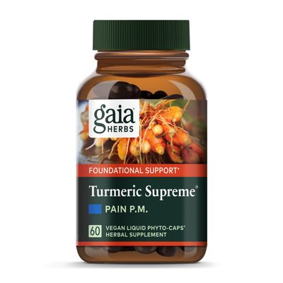 Gaia Herbs Turmeric Supreme Discomfort P.M. - Helps Provide Nighttime Comfort to Support More Restful Sleep - with Tumeric Curcumin, Kava, Valerian, Feverfew - 60 Liquid Phyto-Capsules(30-Day Supply)