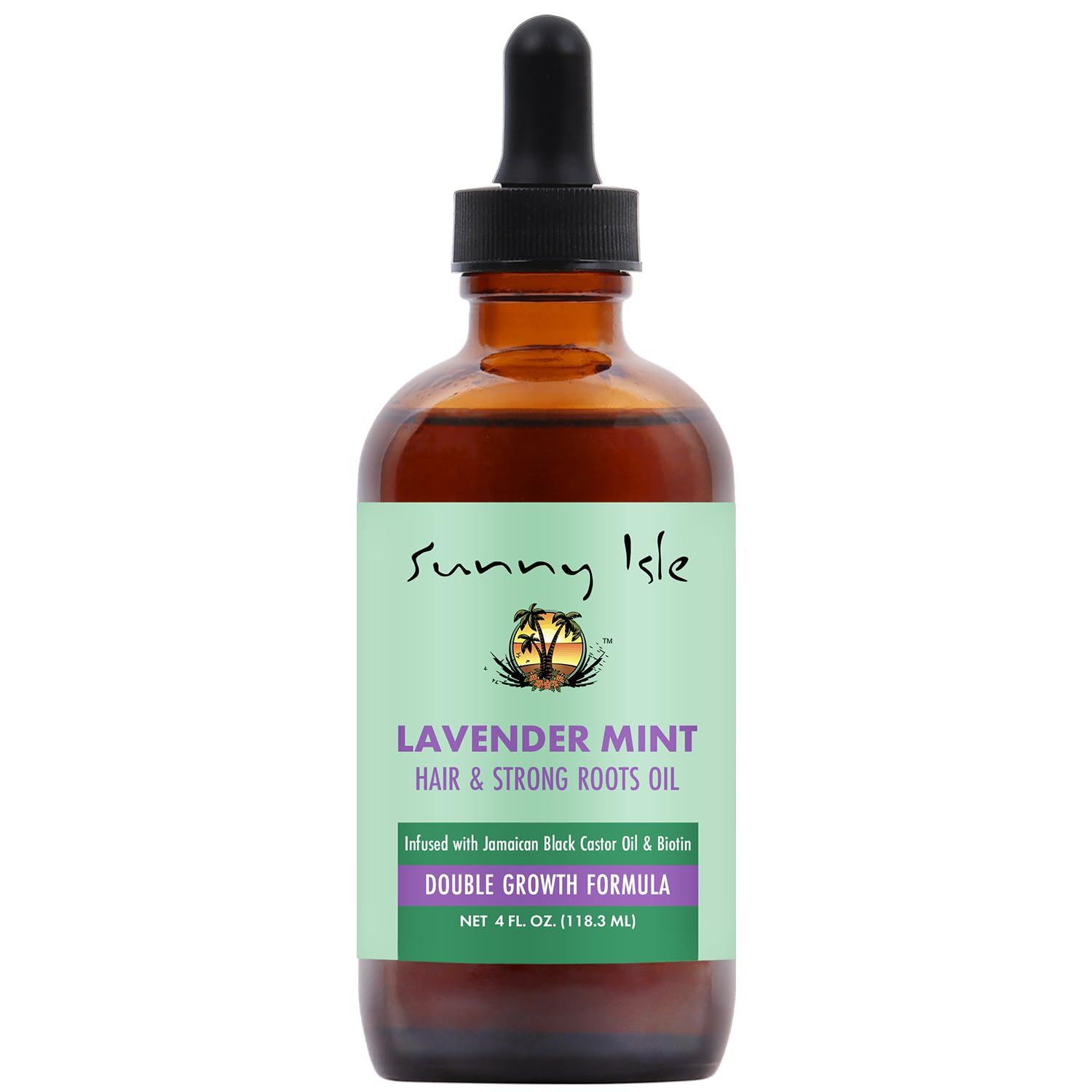 Sunny Isle Lavender Mint Hair and Strong Roots Oil 4oz Infused with Jamaican Black Castor Oil and Biotin Strengthen and Nourish Hair Follicles Dry Scalp, Split Ends Double Growth Formula