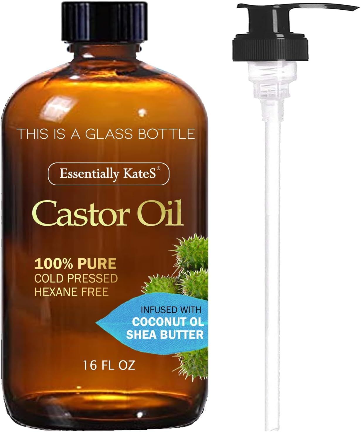 Essentially KateS Castor Oil 16 Fl Oz (Glass Bottle) - Coconut Oil Shea Butter - A Huge Glass Bottle with a Pump - 100 Pure and Natural, Cold Pressed, and Hexane-Free - Hair Oil, Body Oil