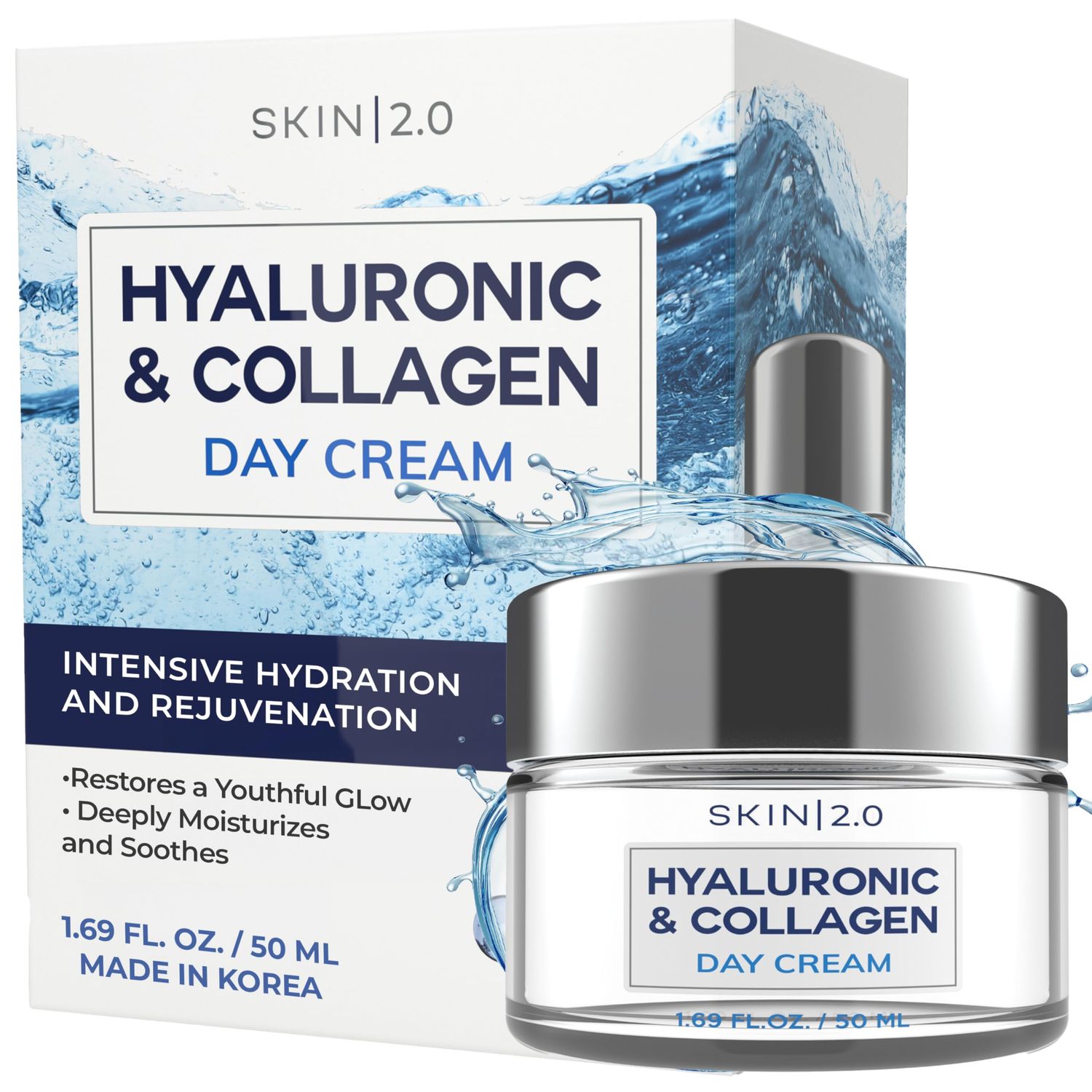 Skin 2.0 Hyaluronic Acid Collagen Face Moisturizer - Dermatologist Tested, Anti-Aging, Restores Elasticity - Hydrating, Clean Beauty, Cruelty-Free Korean Skincare for All Skin Types - 1.69 Fl oz