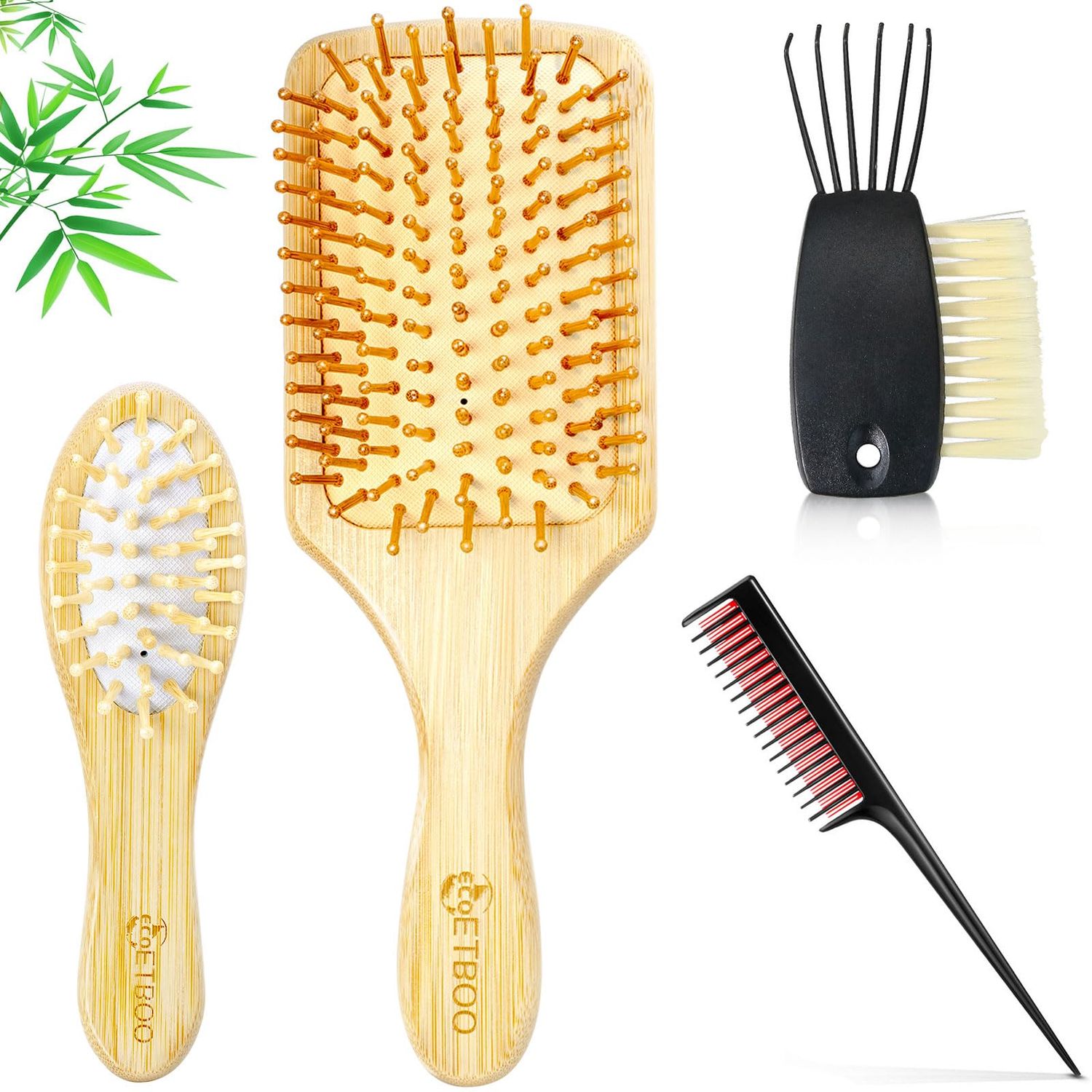 Bamboo Hair Brush Comb Set for Women Men and Kids, Natural Wooden Brush for ThickThinCurlyDry Hair (Bamboo Set)