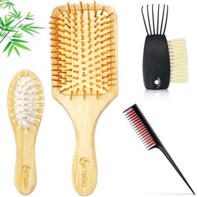 Bamboo Hair Brush Comb Set for Women Men and Kids, Natural Wooden Brush for ThickThinCurlyDry Hair (Bamboo Set)