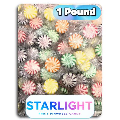 Starlight Pinwheel Fruit Disc. Hard Candy. Assorted Flavors (Strawberry, Orange, Lemon, Grape, Lime). Individually Wrapped Candies. 1 Pound Bag. Approx. 80 count.