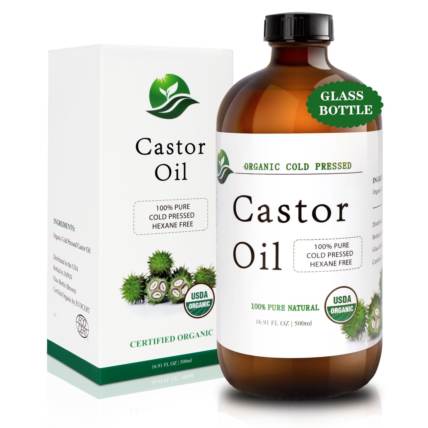 MAYLINK Castor Oil-Castor Oil Organic Cold Pressed Unrefined Glass Bottle-Organic Certified 100 Pure Castor Oil,Hexane Free,Organic Castor Oil for Face,Hair Growth,Eyelashes,Caster 16.91fl.oz500ml