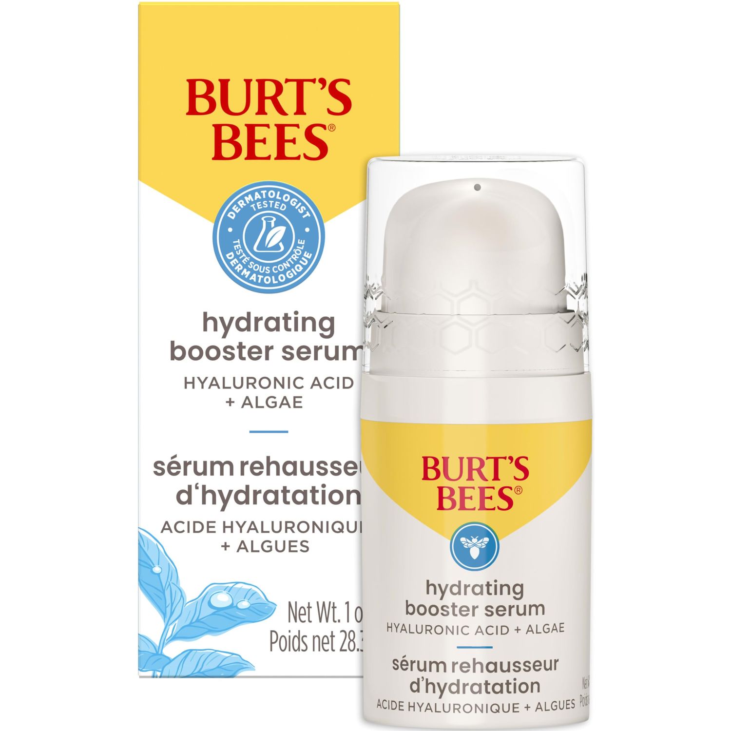 Burt&#39;s Bees Hyaluronic Acid Face Serum, Hydrates Boosts Skin Naturally for Smoother, Glowing Skin Tone, Lightweight, with Algae - Hydrating Booster Facial Serum (1 oz)