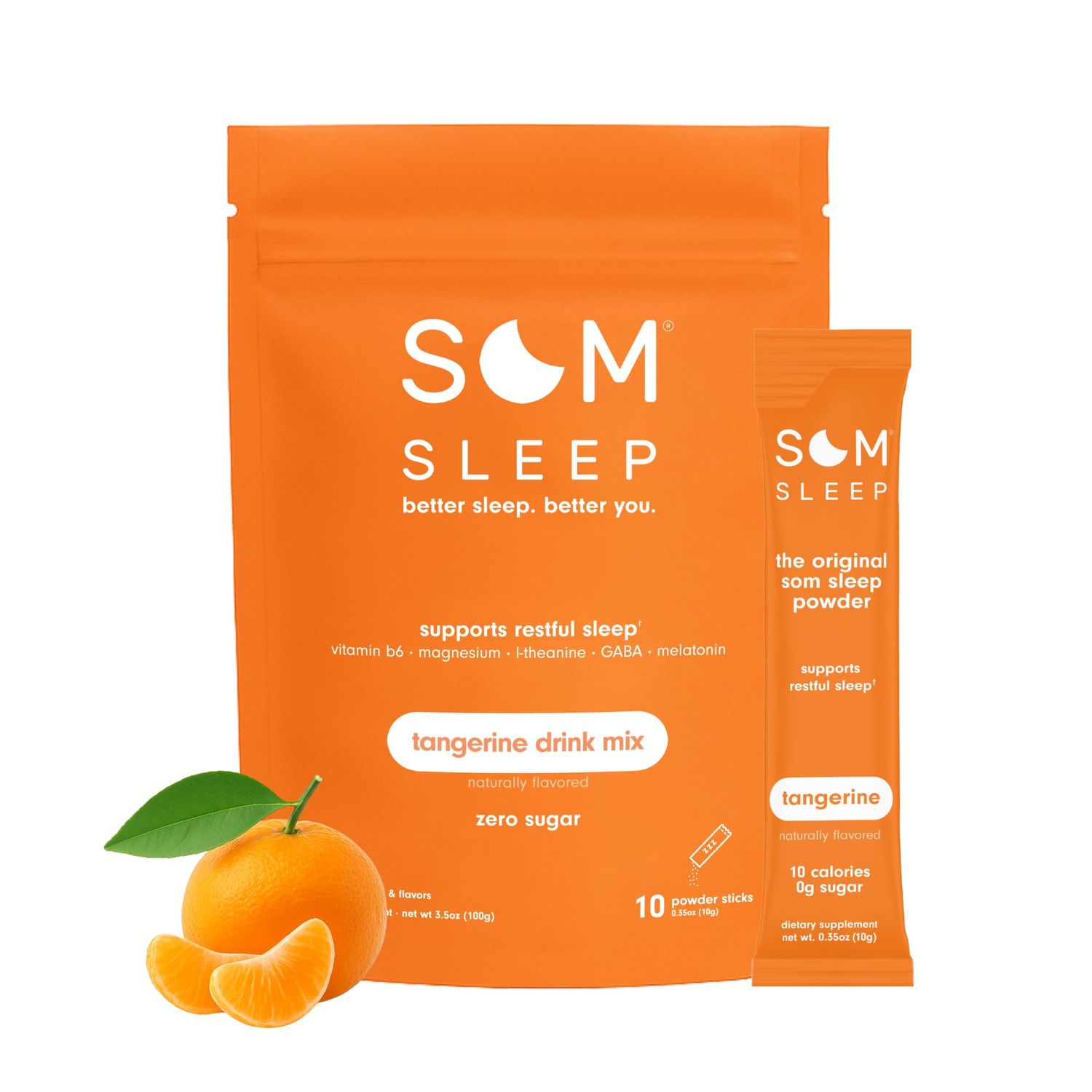 Som Sleep, Calm Sleep Aid Powder Drink Mix wMagnesium, Melatonin 3mg, Vitamin B6, L-Theanine GABA - Vegan, Zero Sugar - Tangerine, 10-Pack