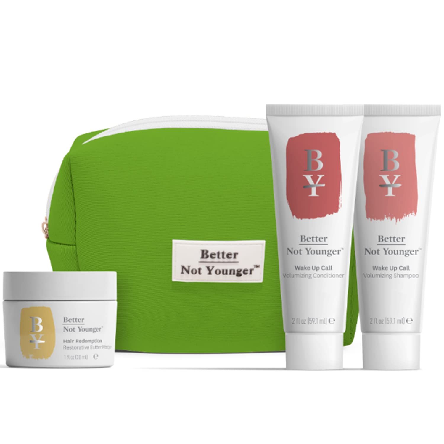 Better Not Younger Discovery Kit - Strength Volume, Includes Hair Redemption Restorative Butter Masque, Wake Up Call Volumizing Shampoo and Conditioner 2 Fl Oz each