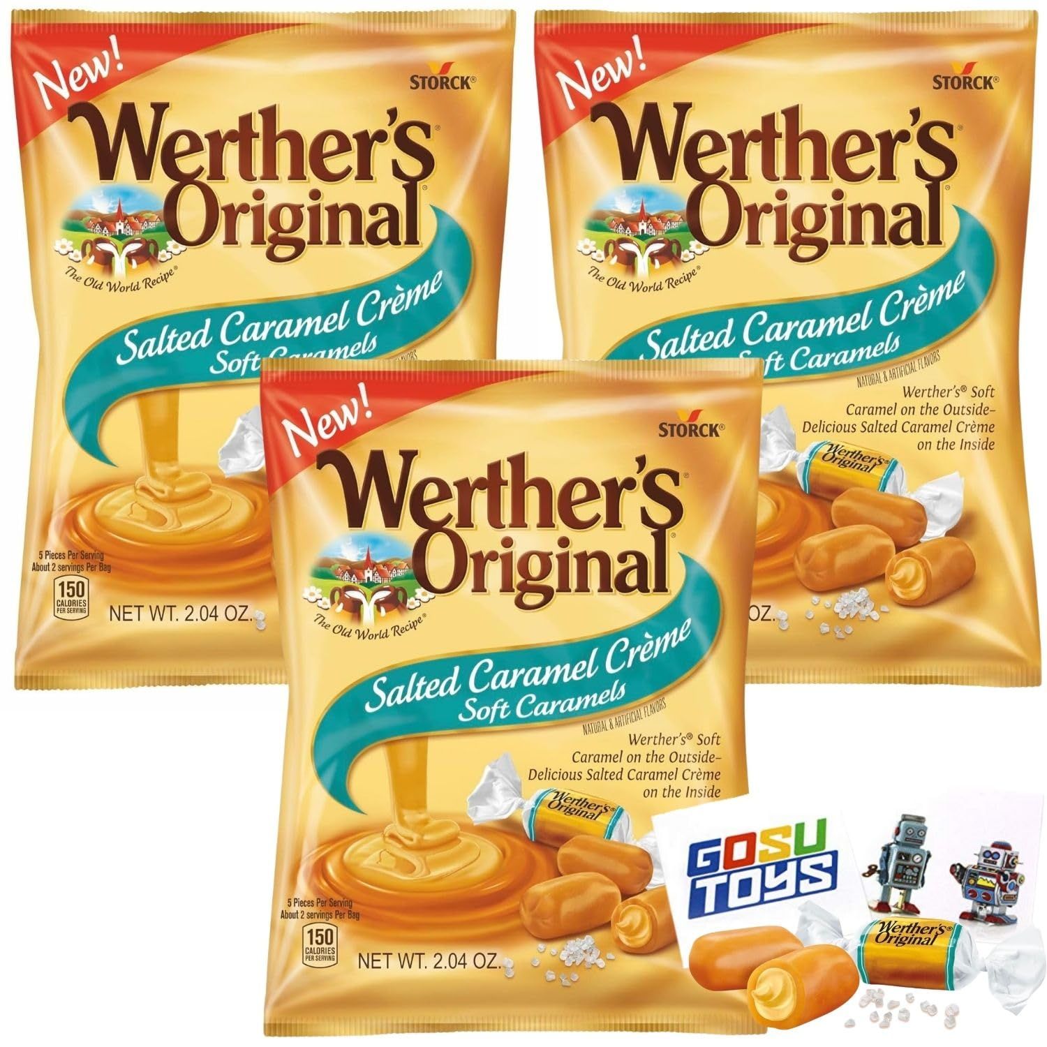 Werthers Original Salted Caramel Creme Candy 3 Pack - 2.22oz bags - Individually Wrapped Wether Soft Caramel, Cream filled Soft Chew Candy with 2 Gosutoys Stickers