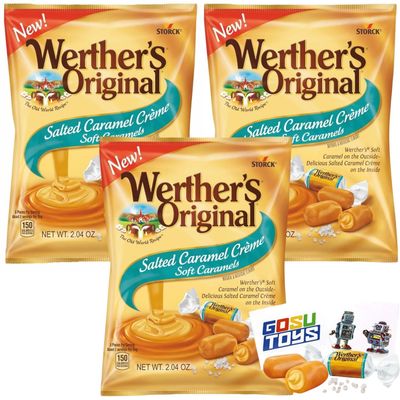 Werthers Original Salted Caramel Creme Candy 3 Pack - 2.22oz bags - Individually Wrapped Wether Soft Caramel, Cream filled Soft Chew Candy with 2 Gosutoys Stickers
