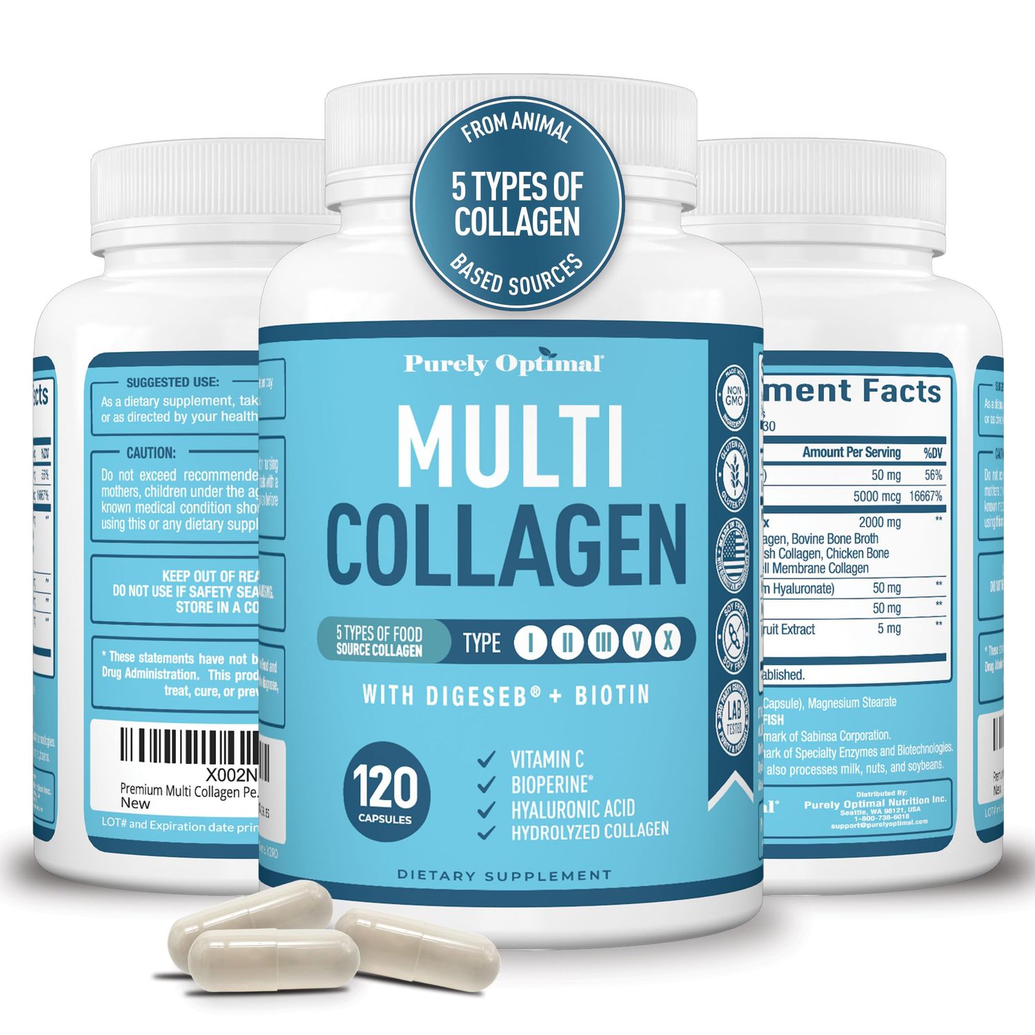Premium Multi Collagen Peptides (Types I, II, II, V, X) - Collagen Pills for Skin Care, Hair Growth, Nails Joints - Vitamin C, Hyaluronic Acid, Biotin, Gluten Free - 120 Collagen Capsules