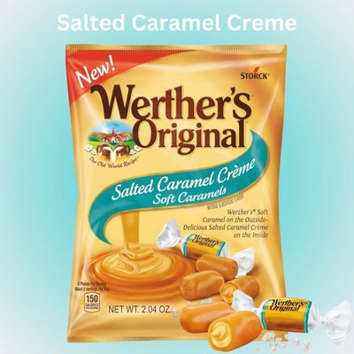 Werthers Original Salted Caramel Creme Candy 3 Pack - 2.22oz bags - Individually Wrapped Wether Soft Caramel, Cream filled Soft Chew Candy with 2 Gosutoys Stickers