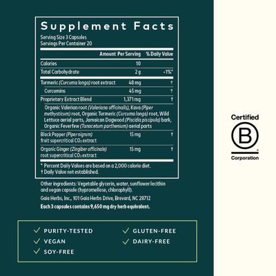 Gaia Herbs Turmeric Supreme Discomfort P.M. - Helps Provide Nighttime Comfort to Support More Restful Sleep - with Tumeric Curcumin, Kava, Valerian, Feverfew - 60 Liquid Phyto-Capsules(30-Day Supply)