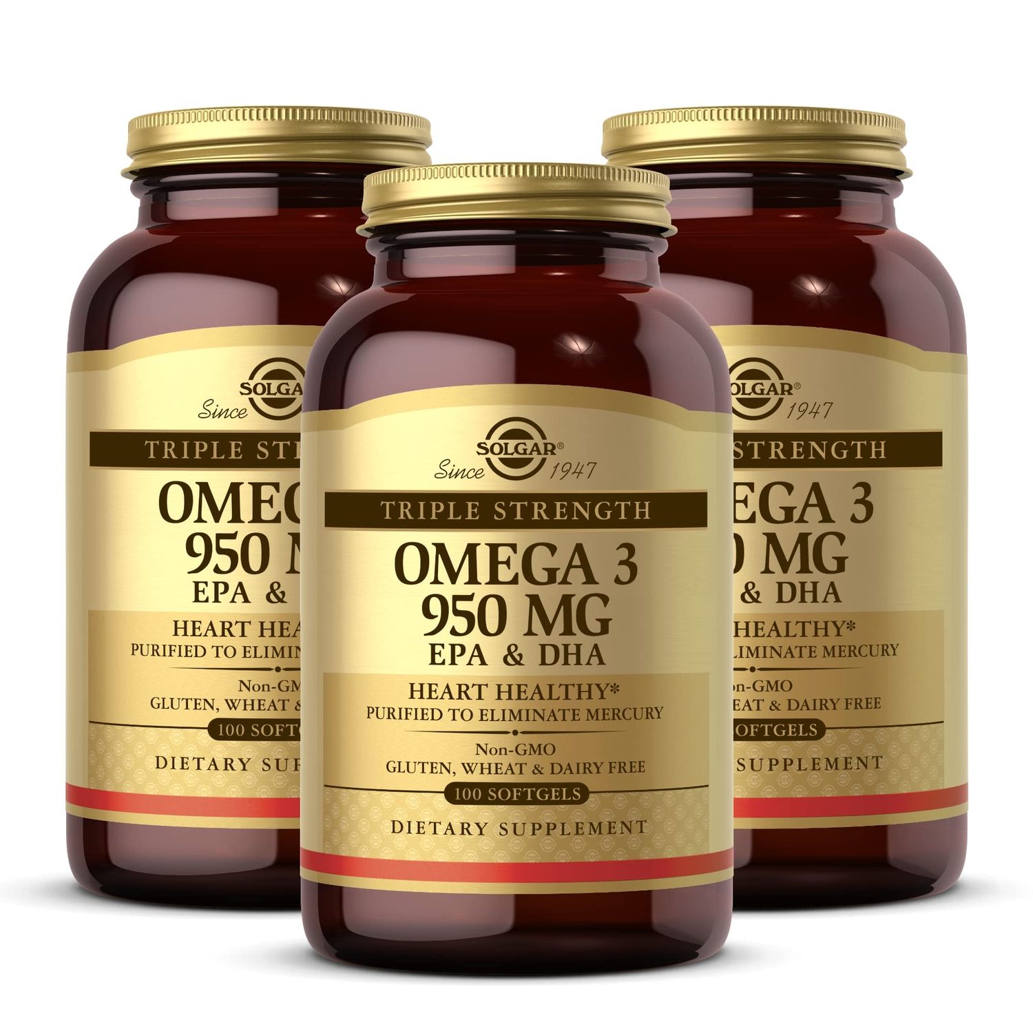 Solgar Triple Strength Omega 3 950 mg - 100 Softgels, Pack of 3 - Supports Joint Skin Health - Non-GMO, Gluten Free, Dairy Free - 300 Total Servings