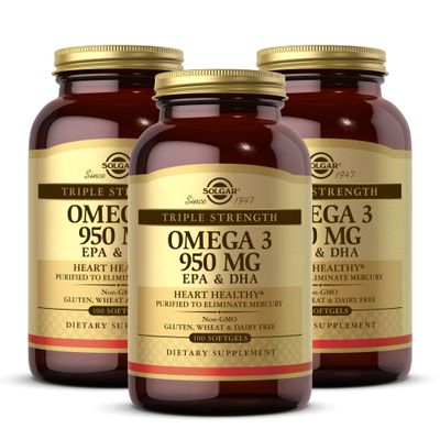 Solgar Triple Strength Omega 3 950 mg - 100 Softgels, Pack of 3 - Supports Joint Skin Health - Non-GMO, Gluten Free, Dairy Free - 300 Total Servings