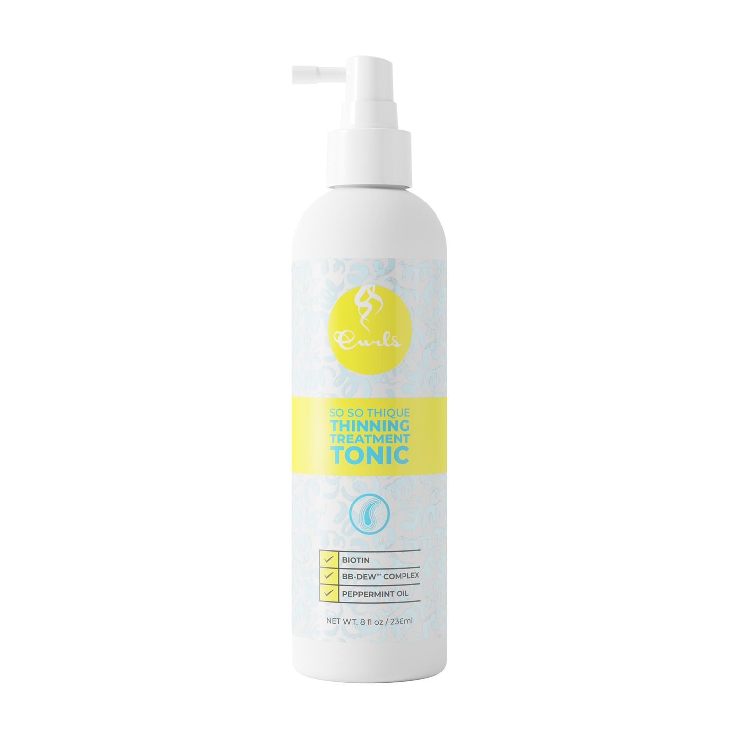 Curls So So Thique Thinning Hair Treatment Tonic - 8 fl oz, Promotes Fuller-Looking, Stronger Hair, Strengthens Hydrates Scalp with Biotin, Caffeine Peppermint Oil, Easy Absorption
