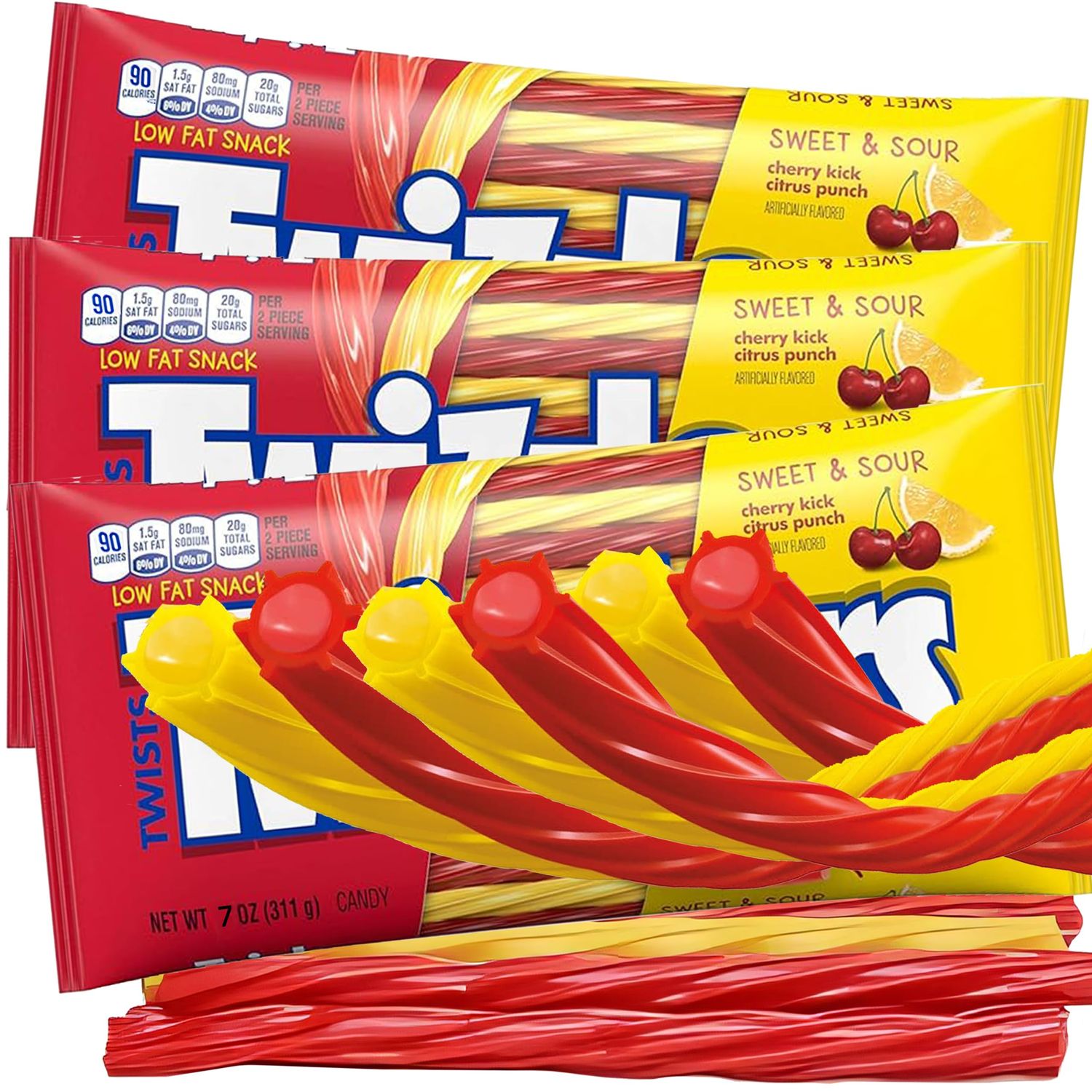 Twizzles Licorice Filled Twists Sweet and Sour Candy, Bulk 3 Pack, Lemon and Cherry Flavored Licorice Candy Sticks, Soft and Chewy Candy for Party Favor Treats and Snacking, 7 oz. Each