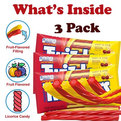 Twizzles Licorice Filled Twists Sweet and Sour Candy, Bulk 3 Pack, Lemon and Cherry Flavored Licorice Candy Sticks, Soft and Chewy Candy for Party Favor Treats and Snacking, 7 oz. Each