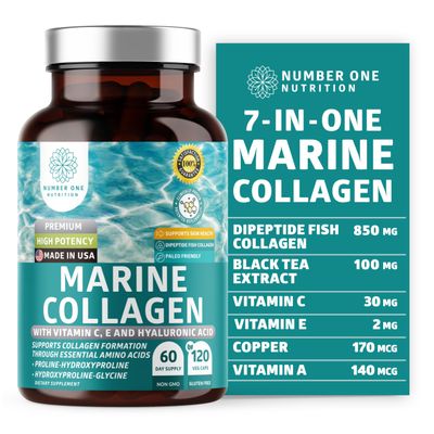 Premium Marine Collagen Dipeptides with Hyaluronic Acid, Vitamin C, Theaflavin and Copper, Collagen Supplement for Women and Men for Radiant Skin, Hair Nails, Gluten Free and Non-GMO, 120 Veg Caps