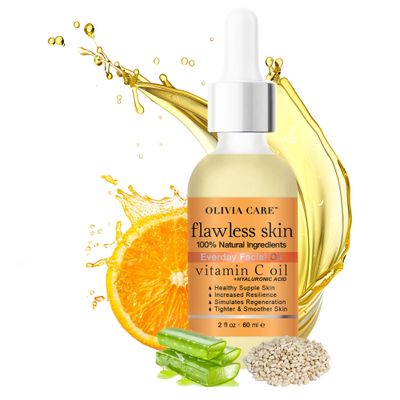 Olivia Care Vitamin C Hyaluronic Acid Flawless Essential Facial Oil Acid 100 Natural, Reviving, Hydrating, Calming Soothing. Stabilize Retain Moisture 2 fl oz (Vitamin C)