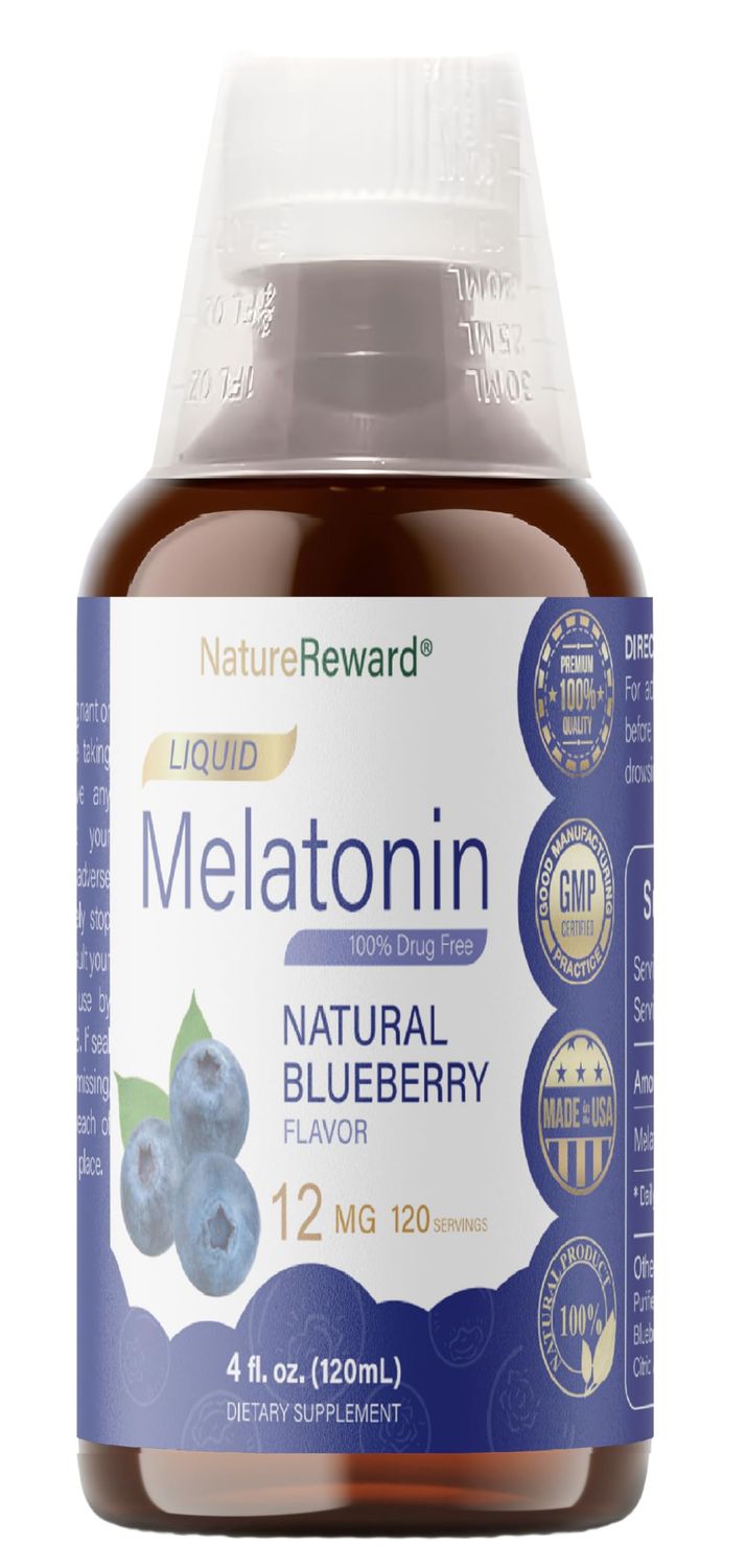 naturereward Melatonin 12mg 4 fl oz Liquid 120 Servings Blueberry Flavor for Adults Non-GMO, Vegetarian Supplement