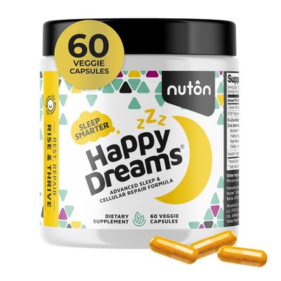 Nuton Happy Dreams Sleep Supplement - Natural Sleep Aids for Adults, Time Release Melatonin, ETAS Asparagus Venetron Extract, Rest Support Supplement, Natural Aid for Adults, 60 Veggie Capsules