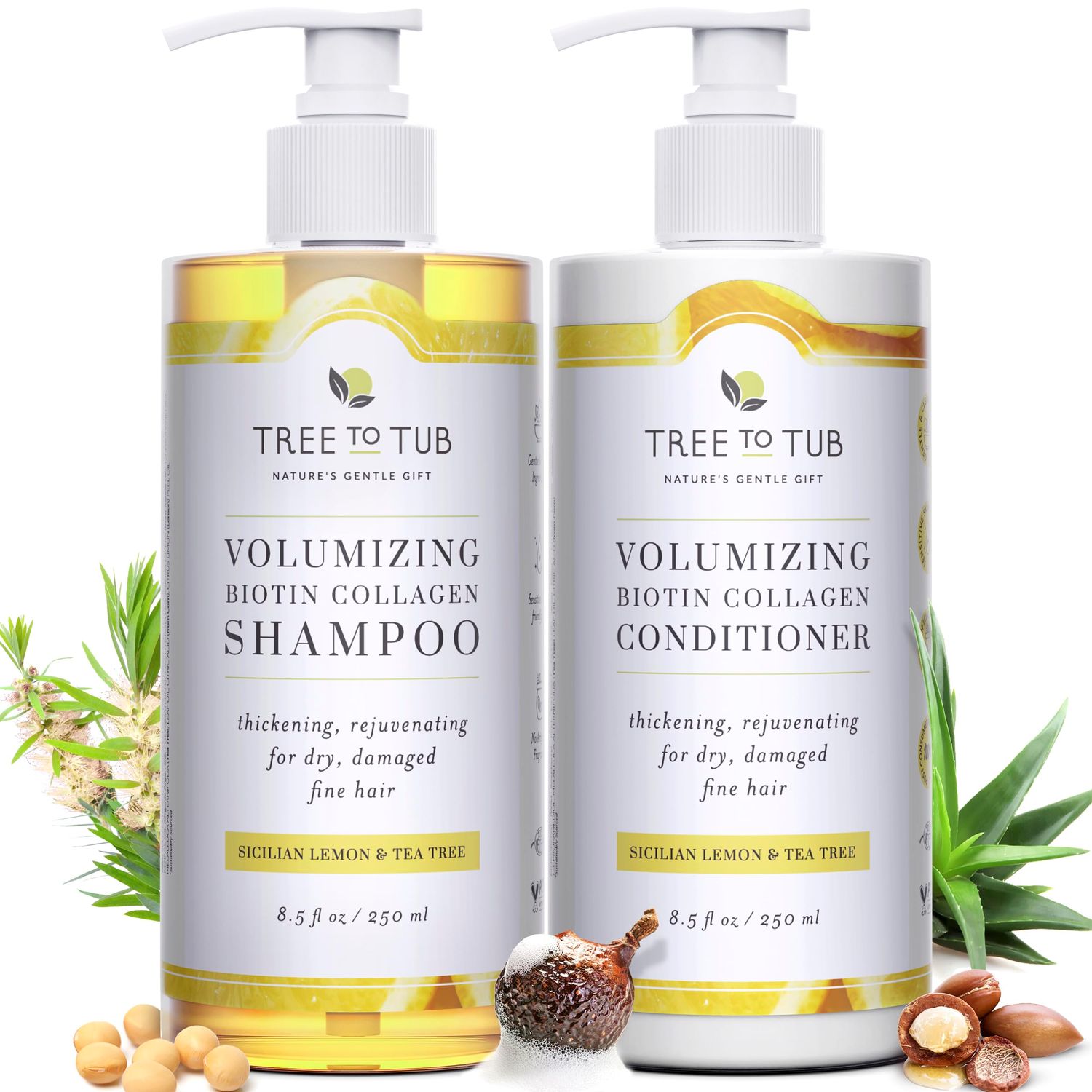 Tree To Tub Biotin Shampoo and Conditioner - Gentle Hair Thickening Shampoo and Conditioner for Fine Hair, Sensitive Scalp- Sulfate Free Shampoo and Conditioner Set wVegan Collagen Organic Argan Oil