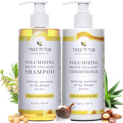 Tree To Tub Biotin Shampoo and Conditioner - Gentle Hair Thickening Shampoo and Conditioner for Fine Hair, Sensitive Scalp- Sulfate Free Shampoo and Conditioner Set wVegan Collagen Organic Argan Oil