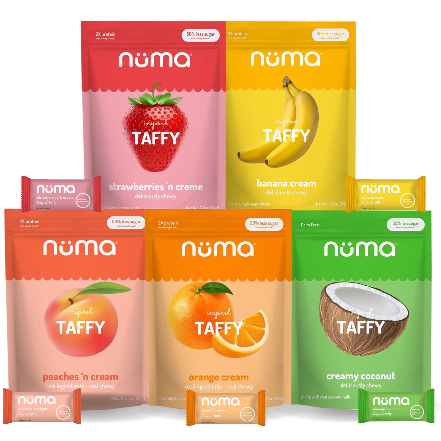 Numa Foods Healthy Chewy Creamy Candy Variety Pack - Low Sugar, All-Natural, Gluten Free, High Protein - 5 Bags of 10 Individually Wrapped Chews Each of Vanilla Banana Strawberry Coconut Coffee