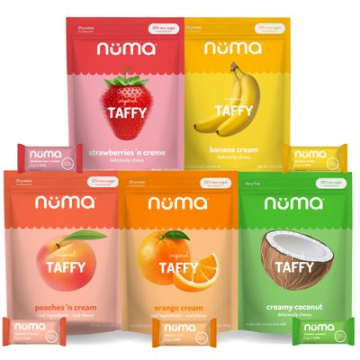 Numa Foods Healthy Chewy Creamy Candy Variety Pack - Low Sugar, All-Natural, Gluten Free, High Protein - 5 Bags of 10 Individually Wrapped Chews Each of Vanilla Banana Strawberry Coconut Coffee