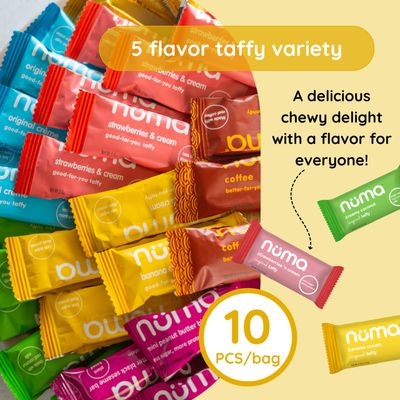 Numa Foods Healthy Chewy Creamy Candy Variety Pack - Low Sugar, All-Natural, Gluten Free, High Protein - 5 Bags of 10 Individually Wrapped Chews Each of Vanilla Banana Strawberry Coconut Coffee