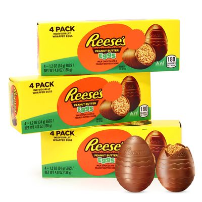 Reese Large Peanut Butter Eggs - 3 Pack Egg-Shaped Milk Chocolate Creme Filled Easter Candy, Holiday Sweets For Baskets Stuffers Treats - 1.2 oz (4 Pieces Per Box)