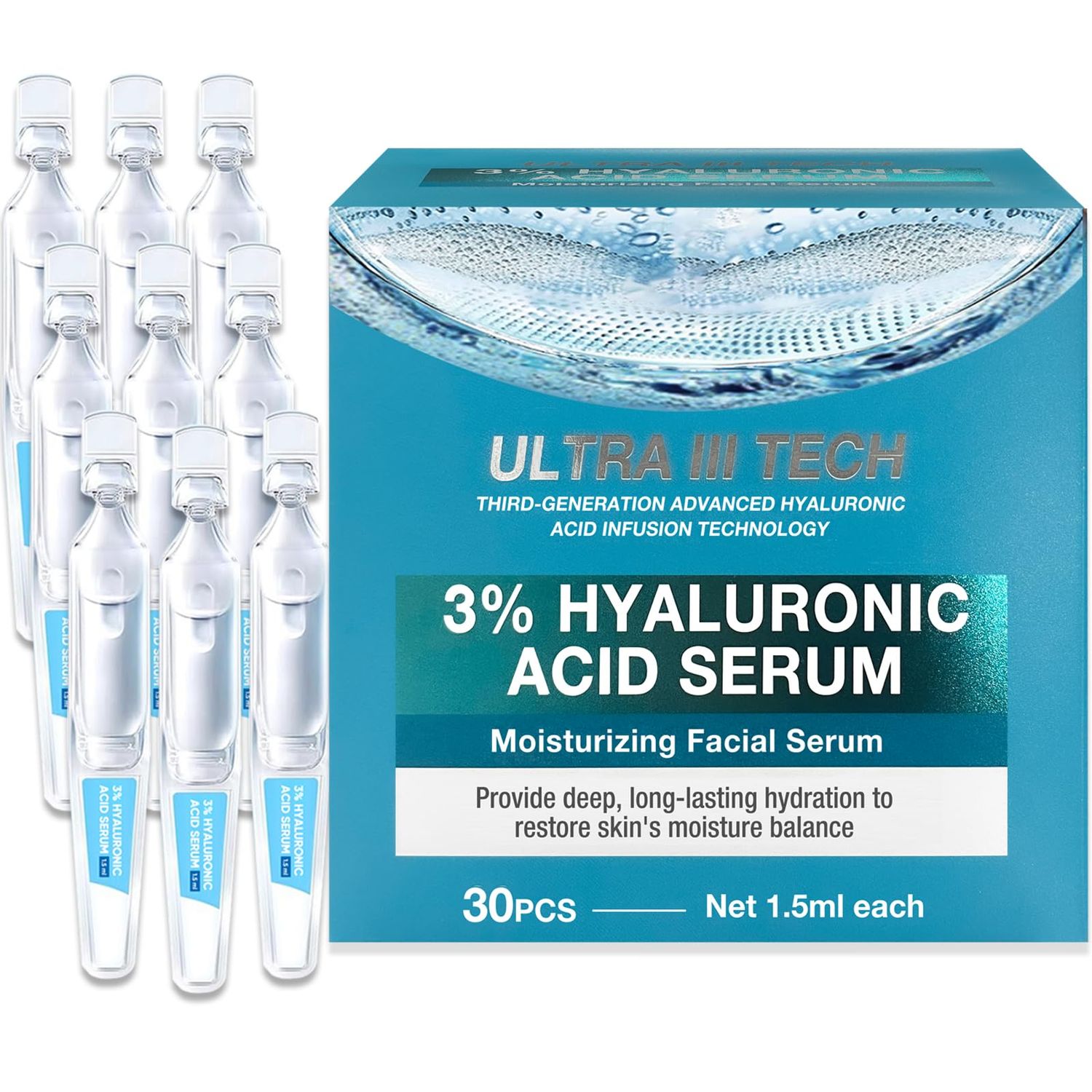 Ultra Hydrating Serum, 3 Hyaluronic Acid for Deep Moisture Radiant Skin, Hyaluronic Acid Niacinamide Formula, Non-Greasy, Fast-Absorbing Solution, 1.2ml30