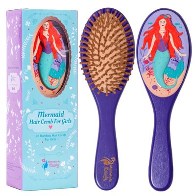 Kids Real Bamboo Bristles Hairbrush - Mermaid Brush - Ball Tipped Bamboo Bristles, Painted Wood Handle - Eco-Friendly, Non-toxic, High-End Look - for All Hair Types - By Marmelada Beauty