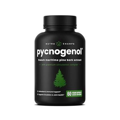 NutraChamps Pycnogenol French Maritime Pine Bark Extract, Premium Circulation Complex, Blood Flow, Nitric Oxide Production, Superior Absorption, Results with Black Pepper Extract, 60 Capsules